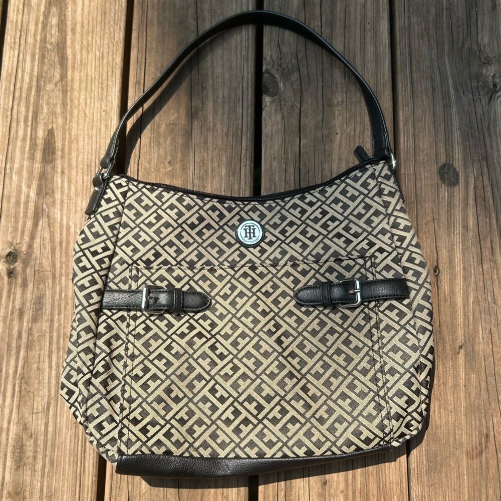 Tommy Hilfiger Monogram Black Leather Tote Bag